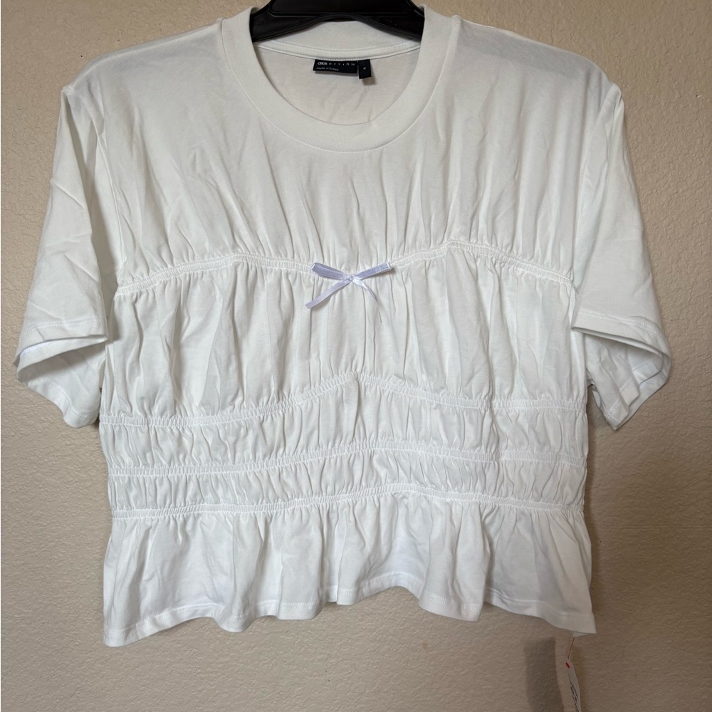 🆕 ASOS DESIGN shirred corset waist t-shirt in white Ruched Blouse with Bow XL